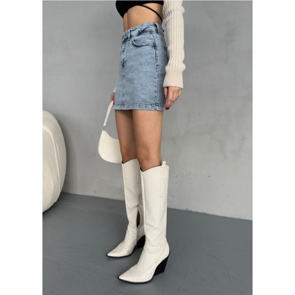 Kadın Yüksek Bel Likralı Mini Denim Etek