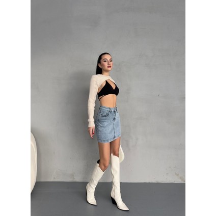 Kadın Yüksek Bel Likralı Mini Denim Etek indirimleri