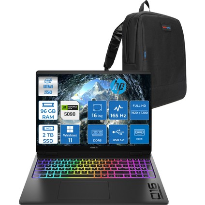 Omen Max 16-AH0005NT Intel Core Ultra 9 275HX 96GB Ddr5 2tb SSD 24GB Nvıdıa RTX5090 16 Inç Full Hd+ 165Hz 3ms IPS Windows 11 Home Siyah OB92QNEAH22 + Zetta Çanta