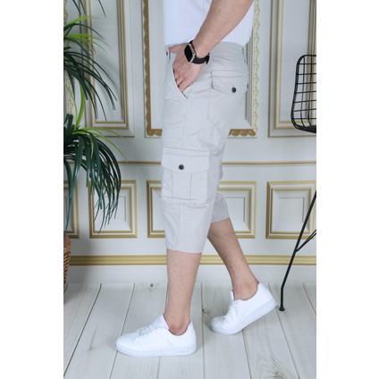 Taş Renk Erkek Regular Fit Rahat Kesim Kapri Likralı Gabardin Diz Altı Kargo Cepli Bermuda Kapri