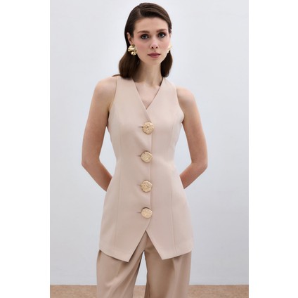 Gold Düğmeli Yelek - Bej modelleri