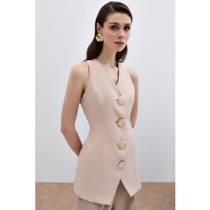 Gold Düğmeli Yelek - Bej fırsatları