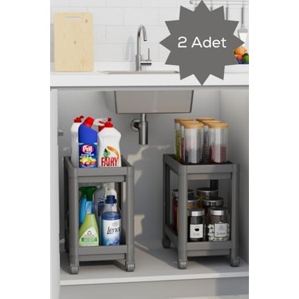 Life 2 Adet 2 Katlı Tekerlekli Tezgah Altı Gri Banyo Mutfak Rafı MIT1124