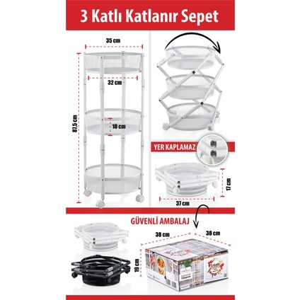 Üç katlı metal tekerlekli sepet, çok amaçlı organize, beyaz, 30x30 cm fiyatları
