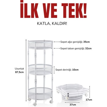 Üç katlı metal tekerlekli sepet, çok amaçlı organize, beyaz, 30x30 cm modelleri