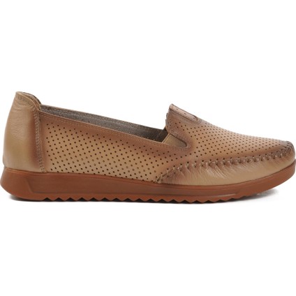 Krem Deri Ortopedik Kadın Düz Rahat Günlük Ayakkabı