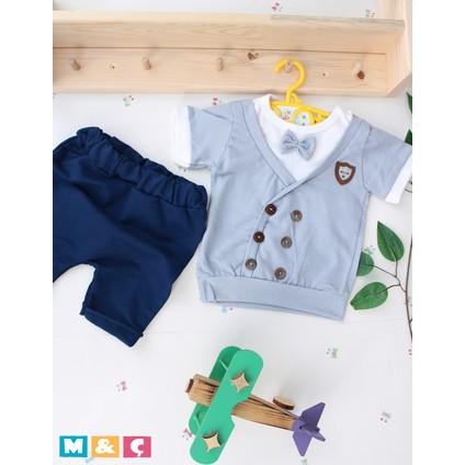 Erkek Bebek Düğmeli Pamuklu Waffle Şortlu 2li Takım Alt Üst Papyonlu Takım 3-6-9 Ay