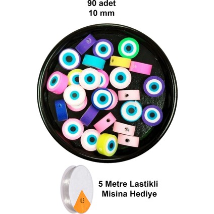 90 Adet 10 mm Polimer Kil Fimo Boncuk Takı Bileklik + 5 Metre Lastikli Misina Hediye - Nazar Boncuğu