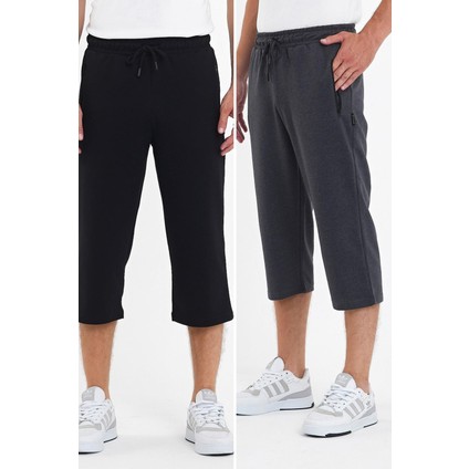 Erkek 2'li Cepleri Fermuarlı Siyah-Antrasit Bermuda Diz Altı Kapri Beli Ayarlanabilir Lastikli Uzun MTLCE94