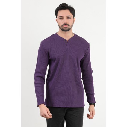 Erkek V Yaka Düğme Detaylı Dokulu Sweatshirt Mor - 5524