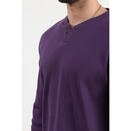 Erkek V Yaka Düğme Detaylı Dokulu Sweatshirt Mor - 5524 fiyatları