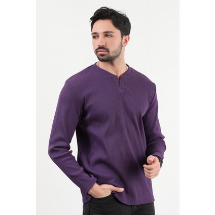 Erkek V Yaka Düğme Detaylı Dokulu Sweatshirt Mor - 5524 modelleri