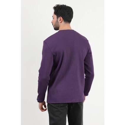Erkek V Yaka Düğme Detaylı Dokulu Sweatshirt Mor - 5524 fırsatları