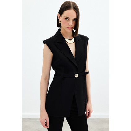 Toka Detaylı Uzun Yelek - Siyah