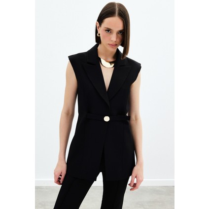 Toka Detaylı Uzun Yelek - Siyah modelleri