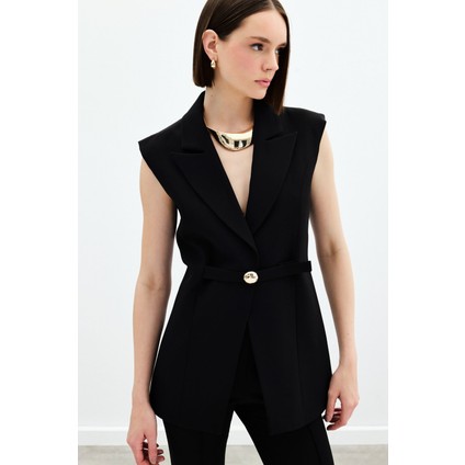 Toka Detaylı Uzun Yelek - Siyah fırsatları