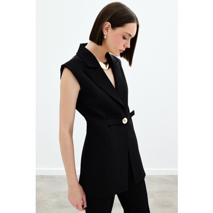 Toka Detaylı Uzun Yelek - Siyah indirimleri