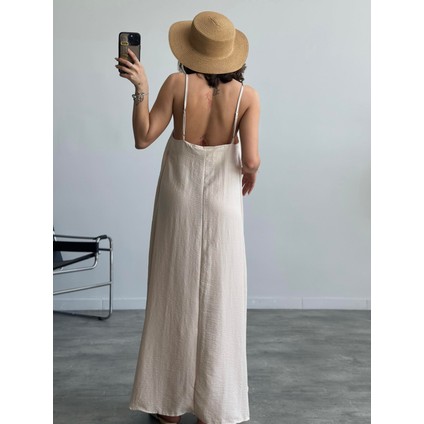 Kadın Bej Ayarlanabilir Askılı Pamuklu Yazlık Uzun Elbise fiyatları