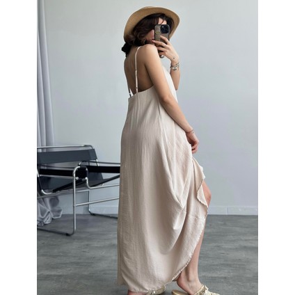 Kadın Bej Ayarlanabilir Askılı Pamuklu Yazlık Uzun Elbise modelleri