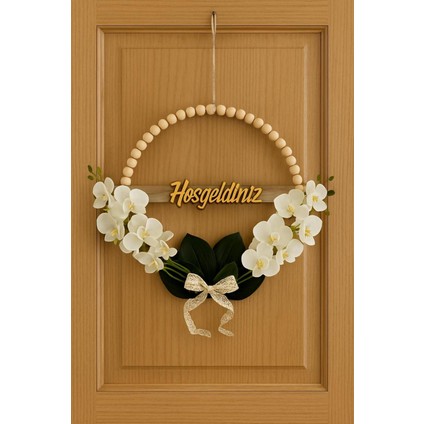 30 cm Metal Kasnaklı Orkide Çiçekli Dış Kapı Süsü – Hoşgeldiniz Yazılı Ev Dekoru ve Hediyelik Şık Dekor -Gold Hoşgeldiniz