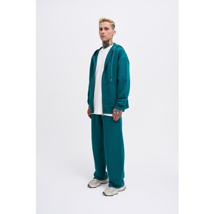Erkek Basic Diagonal Zip Petrol Yeşili Hoodie