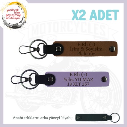 Motorcu Dostlara Hatıra, Isim Plaka ve B Rh (+) Kan Grubu Yazılı Özel X2 Anahtarlık, Kahve-Mor-Syh