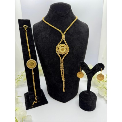 22 Ayar Altın Kaplama Burgu Zincirli Tuğralı Motif Set Kolye,bileklik,küpe LVD524