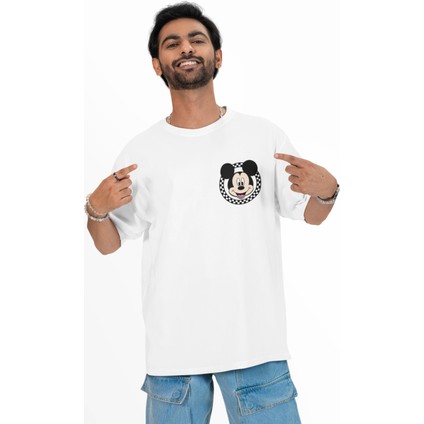 Unisex Cep Mickey Baskılı T-Shirt, Oversize Çizgi Film Karakteri Baskılı Tişört