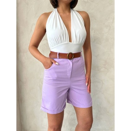 Kemerli Gabardin Şort Lila S25735