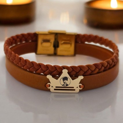 Atatürk Temalı Taç Motifli 14 Ayar Altın Plakalı Kahverengi Derili Hediye Bileklik-467SEMBOL fiyatları