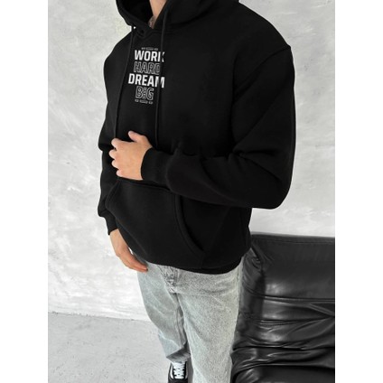 Kışlık Üç Iplik Kapşonlu Sweatshirt - Siyah