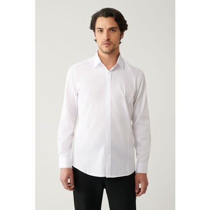 Erkek Beyaz Slim Fit %100 Pamuk Klasik Yaka Saten Gömlek B002002