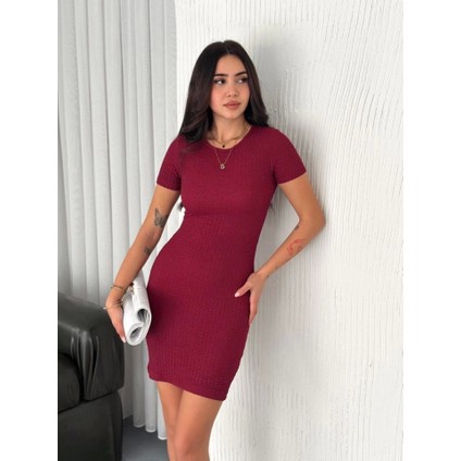 Bisiklet Yaka Kısa Kol Likralı Elbise - Bordo fırsatları
