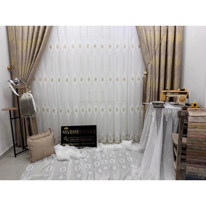 Nivemeshome Süzene 1950 Gold Detaylı 1/3 Sık Pileli Tül Perde Apm