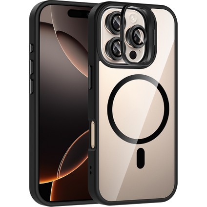iPhone 16 Pro Kılıf Standlı ve Kamera Lens Hediyeli M-Safe Şarj Özellikli Alt Etro Kapak - Siyah