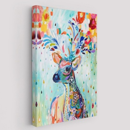 Geyik ve Renkli Çiçekler Dekoratif Kanvas Tablo, Duvar Dekoru 6196