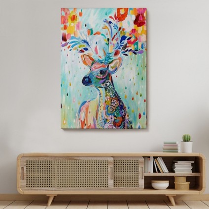 Geyik ve Renkli Çiçekler Dekoratif Kanvas Tablo, Duvar Dekoru 6196 modelleri