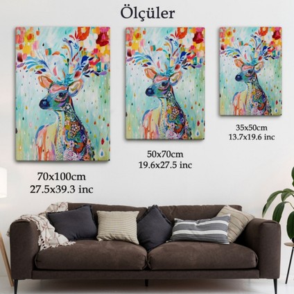 Geyik ve Renkli Çiçekler Dekoratif Kanvas Tablo, Duvar Dekoru 6196 fırsatları