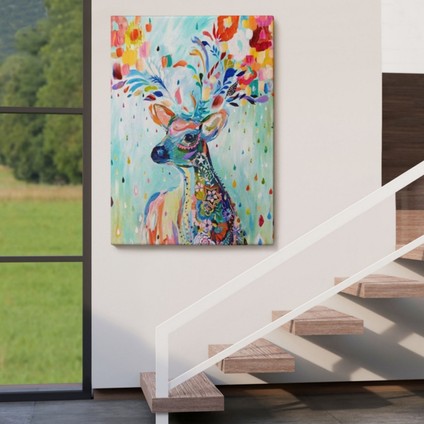 Geyik ve Renkli Çiçekler Dekoratif Kanvas Tablo, Duvar Dekoru 6196 indirimleri