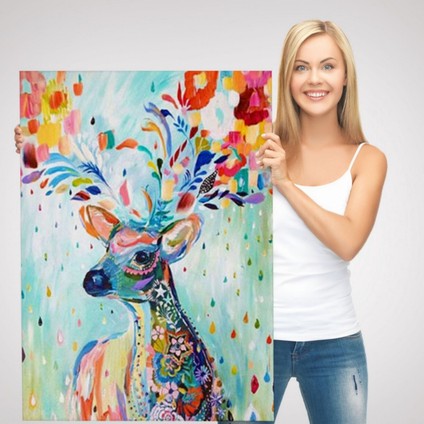 Geyik ve Renkli Çiçekler Dekoratif Kanvas Tablo, Duvar Dekoru 6196