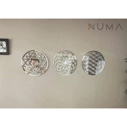 Yaşam Çiçeği Sri Yantra Torus Nefesi Üçlü Gümüş Rengi Aynalı Pleksi Dekoratif Tabloshri Yantra modelleri