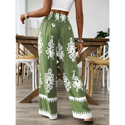 Kadın Yüksek Bel Büzgülü Etnik Desen Baskılı Süprem Pantolon modelleri