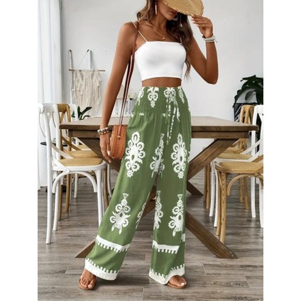 Kadın Yüksek Bel Büzgülü Etnik Desen Baskılı Süprem Pantolon indirimleri