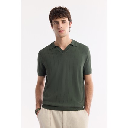 Erkek Haki Düğmesiz Polo Yaka Boyuna Ajur Desenli Rayon Triko T-shirt A51Y5015