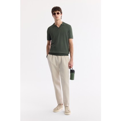 Erkek Haki Düğmesiz Polo Yaka Boyuna Ajur Desenli Rayon Triko T-shirt A51Y5015
