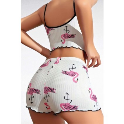 Pamuklu Beyaz Üstüne Pelikan Desen Fitilli Askılı Şortlu Pijama Takımı modelleri