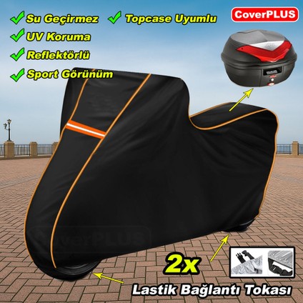 Reflektörlü Siyah Turuncu Dikişli Cf Moto 250NK Pro Arka Çanta Uyumlu Branda Motosiket Brandası Motor Örtüsü Çadır Su Geçirmez Motosiklet Kılıfı Motor Brandası