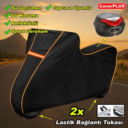 Reflektörlü Siyah Turuncu Dikişli Cf Moto 250NK Pro Arka Çanta Uyumlu Branda Motosiket Brandası Motor Örtüsü Çadır Su Geçirmez Motosiklet Kılıfı Motor Brandası modelleri