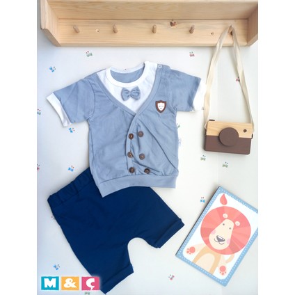 Erkek Bebek Düğmeli Pamuklu Waffle Şortlu 2li Takım Alt Üst Papyonlu Takım 3-6-9 Ay modelleri