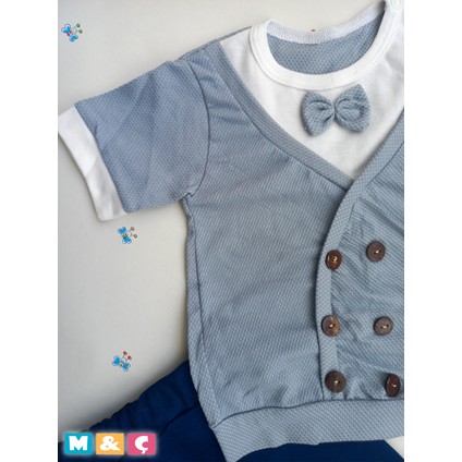 Erkek Bebek Düğmeli Pamuklu Waffle Şortlu 2li Takım Alt Üst Papyonlu Takım 3-6-9 Ay fırsatları